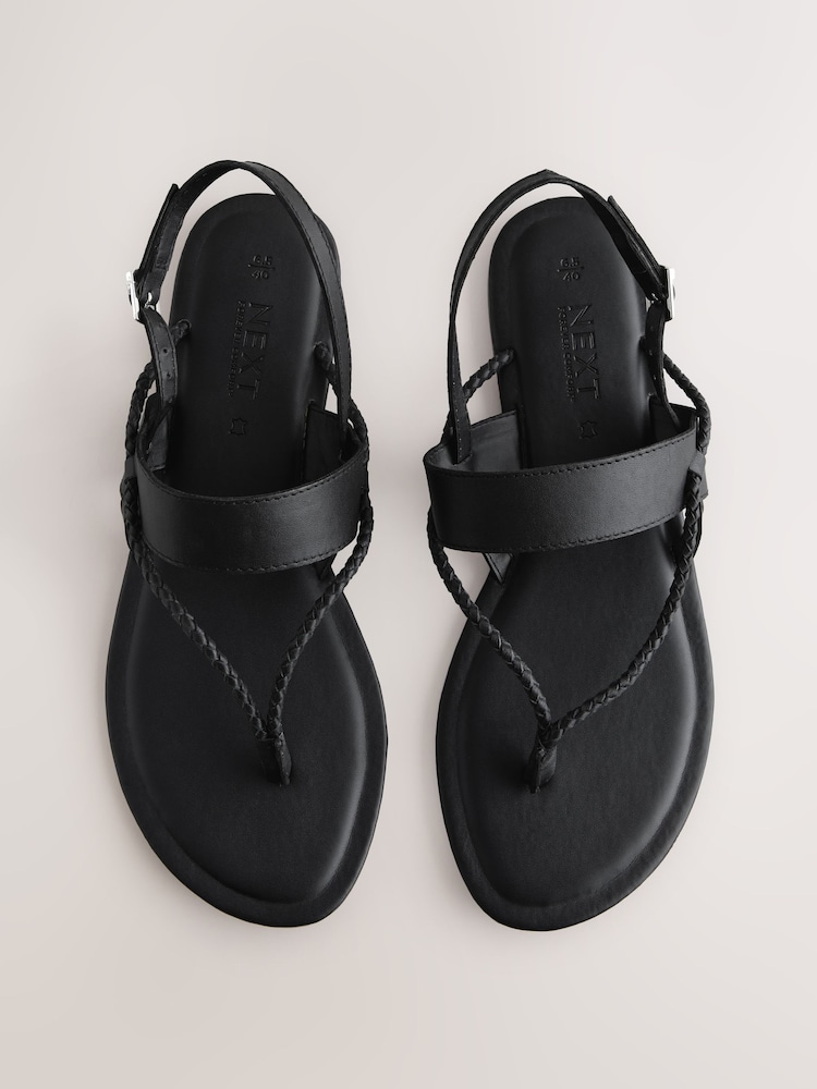Black Leather Standard/Wide Fit Forever Comfort® Plaited Toe Tong Sandals - Image 1 of 8