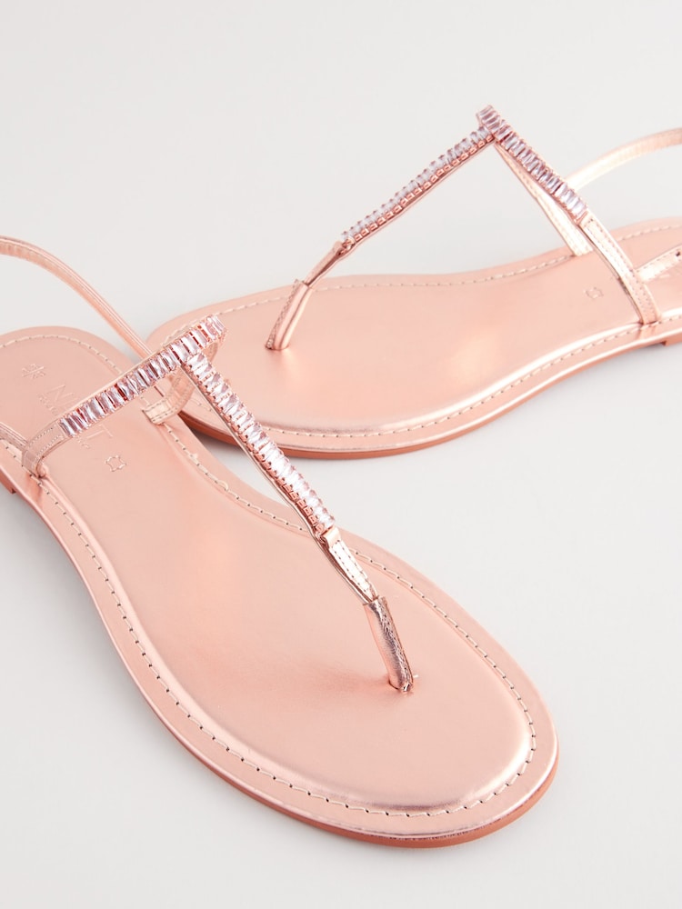 Rose Gold Leather Standard/Wide Fit Forever Comfort® Jewelled T-Bar Toe Thong Sandals - Image 7 of 9
