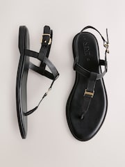 Black Leather Standard/Wide Fit Forever Comfort® Hardware Toe Thong Sandals - Image 1 of 7