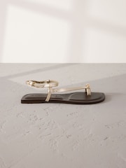 Gold Leather Signature Metal Toe Loop Strappy Sandals - Image 6 of 9