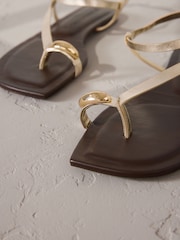Gold Leather Signature Metal Toe Loop Strappy Sandals - Image 7 of 9