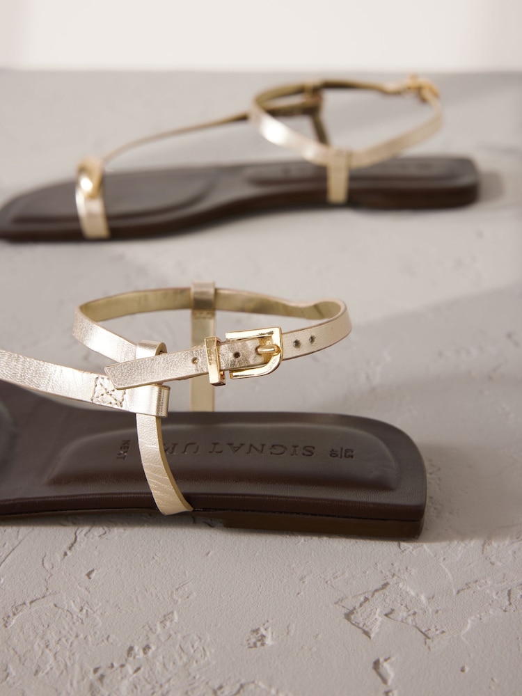 Gold Leather Signature Metal Toe Loop Strappy Sandals - Image 8 of 9
