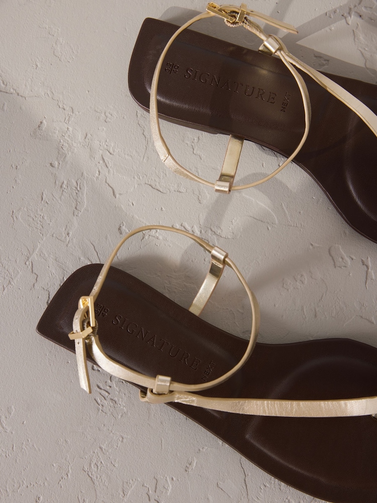 Gold Leather Signature Metal Toe Loop Strappy Sandals - Image 9 of 9