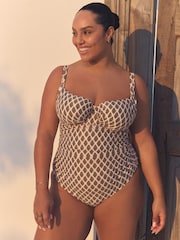 Khaki Green/Cream Foil Woodblock F-K Underwired Tummy Control Swimsuit - Image 1 of 5