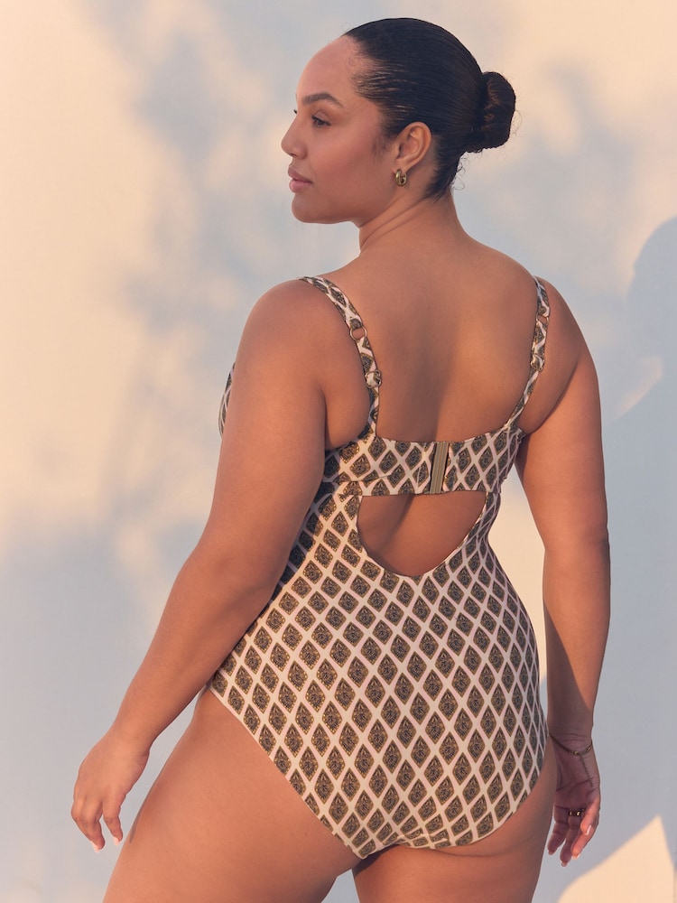 Khaki Green/Cream Foil Woodblock F-K Underwired Tummy Control Swimsuit - Image 2 of 5