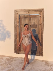 Khaki Green/Cream Foil Woodblock F-K Underwired Tummy Control Swimsuit - Image 3 of 5