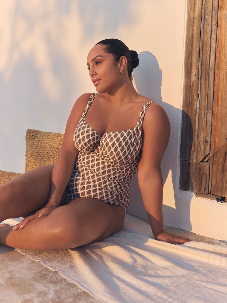 Khaki Green/Cream Foil Woodblock F-K Underwired Tummy Control Swimsuit - Image 5 of 5