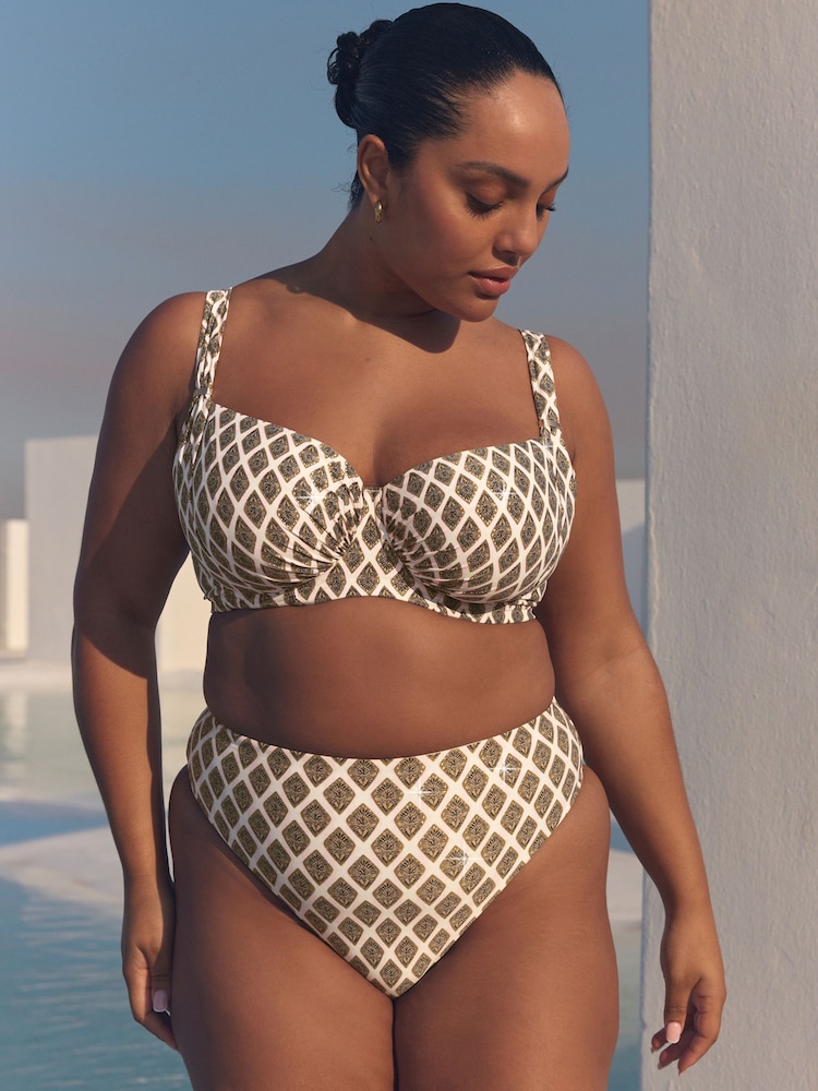 Khaki Green/Cream Foil Woodblock Ultimate Support F-K Underwired Bikini Top - Image 1 of 10