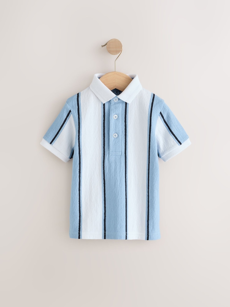 Blue/White 100% Cotton Short Sleeve Textured Polo Shirt (3mths-7yrs) - Image 1 of 4