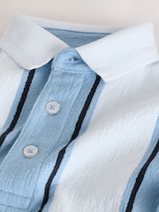 Blue/White 100% Cotton Short Sleeve Textured Polo Shirt (3mths-7yrs) - Image 4 of 4