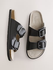 Black Leather Standard Fit Forever Comfort® Double Strap Footbed Sandals - Image 1 of 5