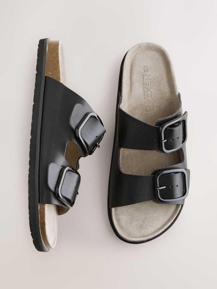 Black Leather Standard Fit Forever Comfort® Double Strap Footbed Sandals - Image 1 of 5
