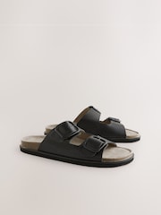 Black Leather Standard Fit Forever Comfort® Double Strap Footbed Sandals - Image 2 of 5