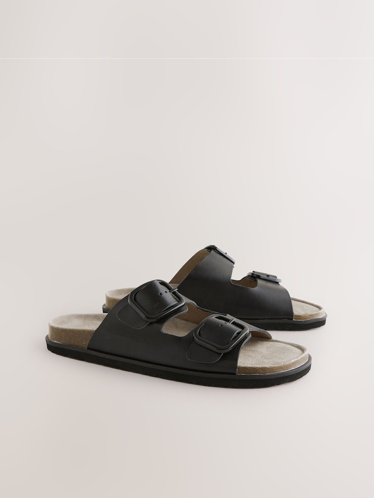 Black Leather Standard Fit Forever Comfort® Double Strap Footbed Sandals - Image 2 of 5