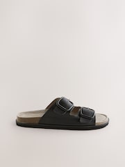 Black Leather Standard Fit Forever Comfort® Double Strap Footbed Sandals - Image 3 of 5