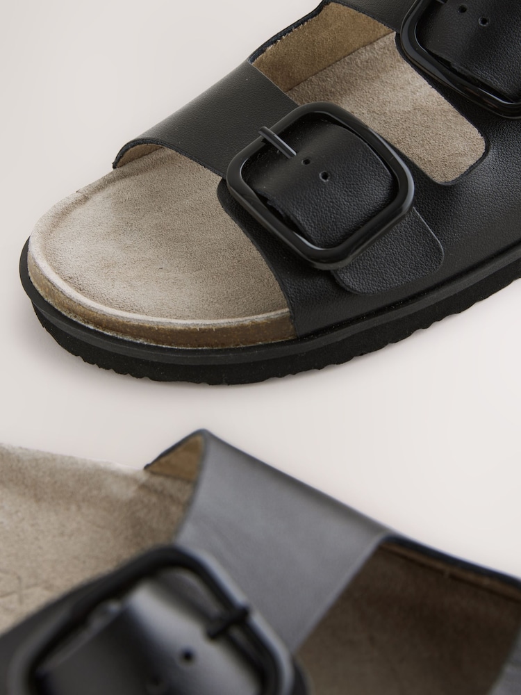 Black Leather Standard Fit Forever Comfort® Double Strap Footbed Sandals - Image 4 of 5