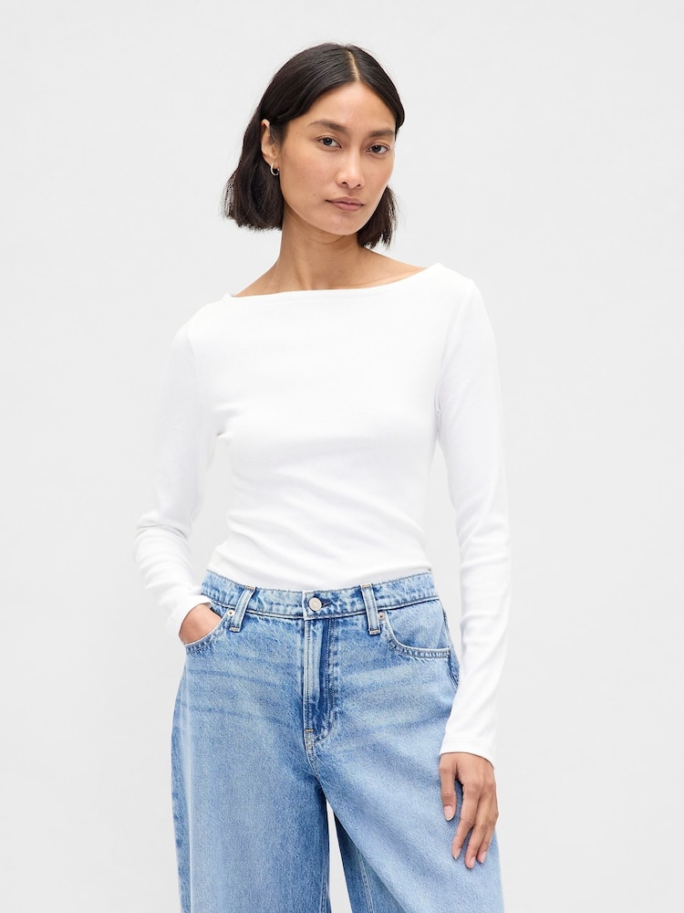 Gap White Modern Boatneck Long Sleeve T-Shirt - Image 1 of 4 Gap White Modern Boatneck Long Sleeve T-Shirt - Image 1 of 4