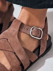 Blush Pink Suede Cross Strap Footbed Sandals - Image 6 of 11