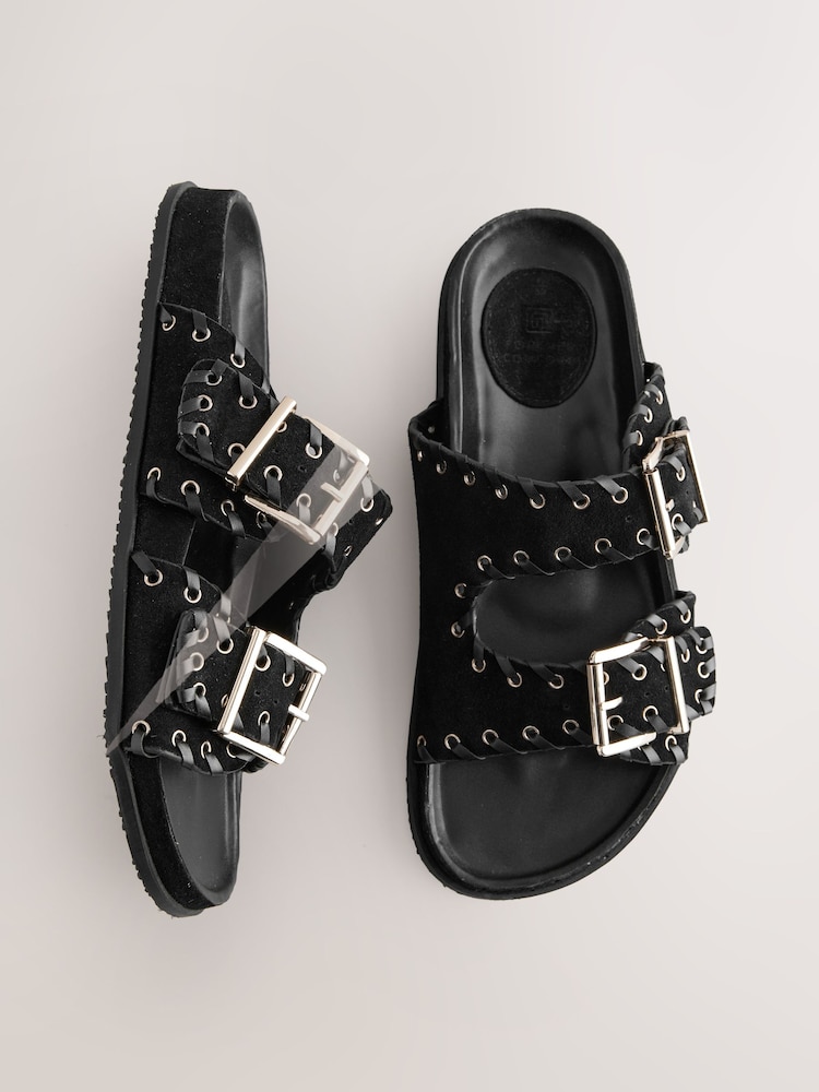 Black Suede Double Strap Eyelet Footbed Sandals - Image 1 of 6