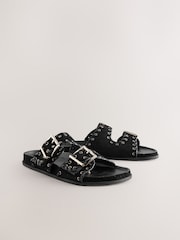 Black Suede Double Strap Eyelet Footbed Sandals - Image 3 of 6