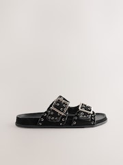 Black Suede Double Strap Eyelet Footbed Sandals - Image 4 of 6