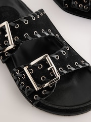 Black Suede Double Strap Eyelet Footbed Sandals - Image 5 of 6