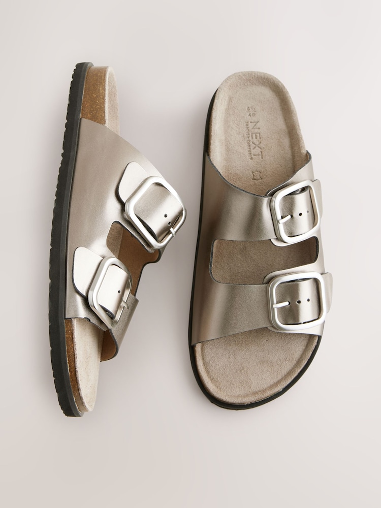 Silver Metallic Leather Standard Fit Forever Comfort® Double Strap Footbed Sandals - Image 1 of 8