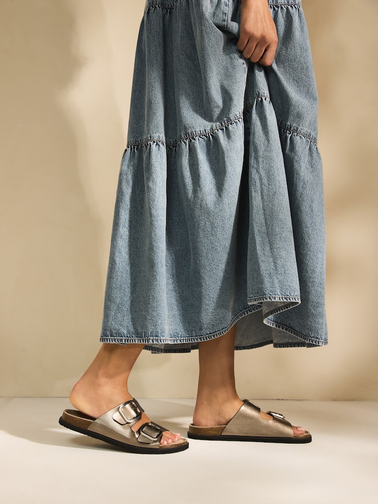 Silver Metallic Leather Standard Fit Forever Comfort® Double Strap Footbed Sandals - Image 2 of 8