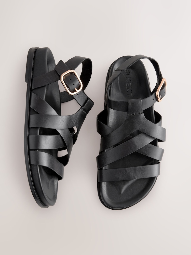 Black Leather Cross Strap Footbed Sandals - Image 1 of 8