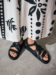 Black Leather Cross Strap Footbed Sandals - Image 2 of 8