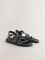 Black Leather Cross Strap Footbed Sandals - Image 5 of 8