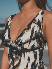 Teal Blue/Gold Foil Ikat Plunge Tummy Control Tankini Top - Image 2 of 9