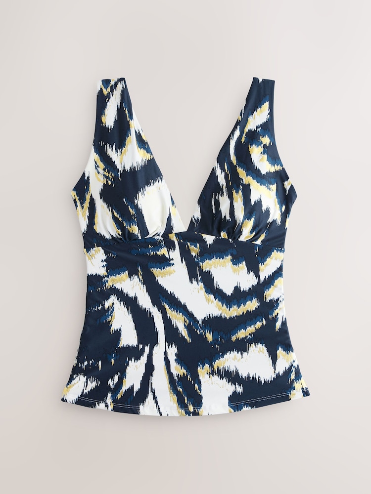 Teal Blue/Gold Foil Ikat Plunge Tummy Control Tankini Top - Image 6 of 9