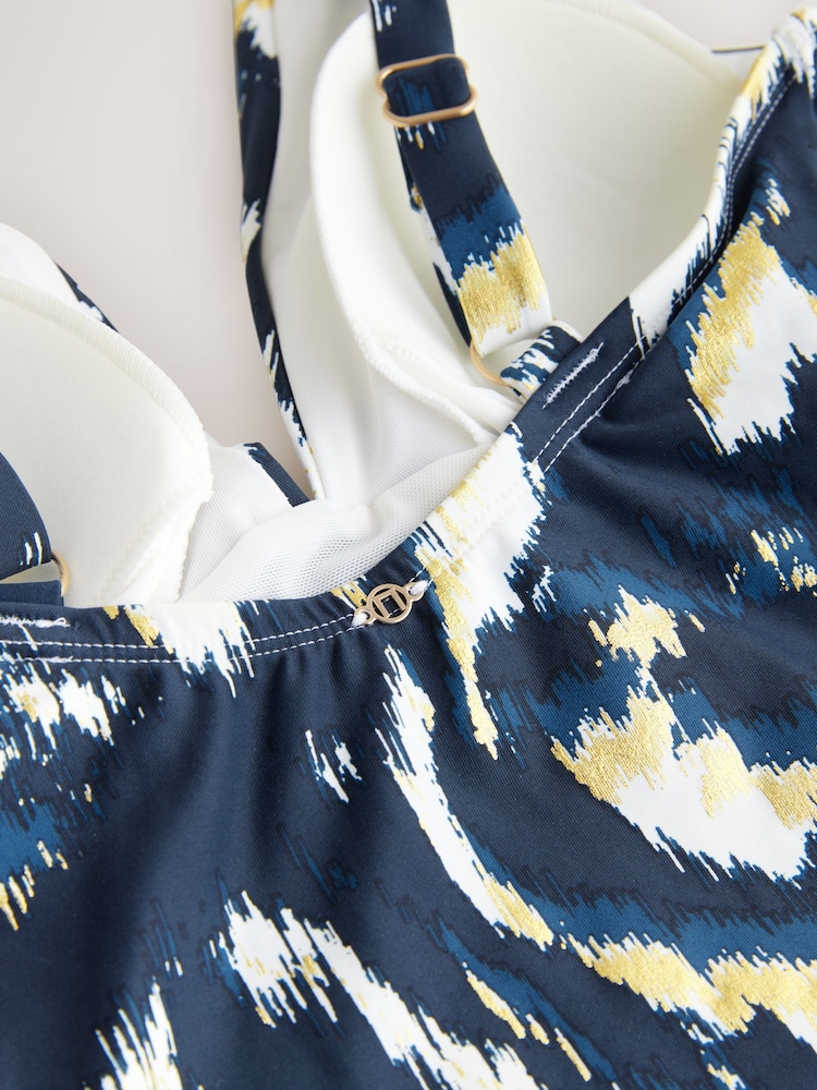 Teal Blue/Gold Foil Ikat Plunge Tummy Control Tankini Top - Image 8 of 9
