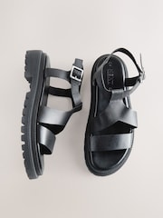 Black Leather Forever Comfort® Chunky Cross Strap Sandals - Image 1 of 8