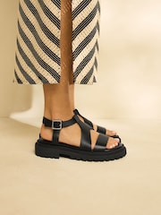 Black Leather Forever Comfort® Chunky Cross Strap Sandals - Image 3 of 8