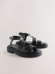 Black Leather Forever Comfort® Chunky Cross Strap Sandals - Image 4 of 8