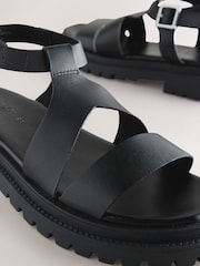 Black Leather Forever Comfort® Chunky Cross Strap Sandals - Image 7 of 8