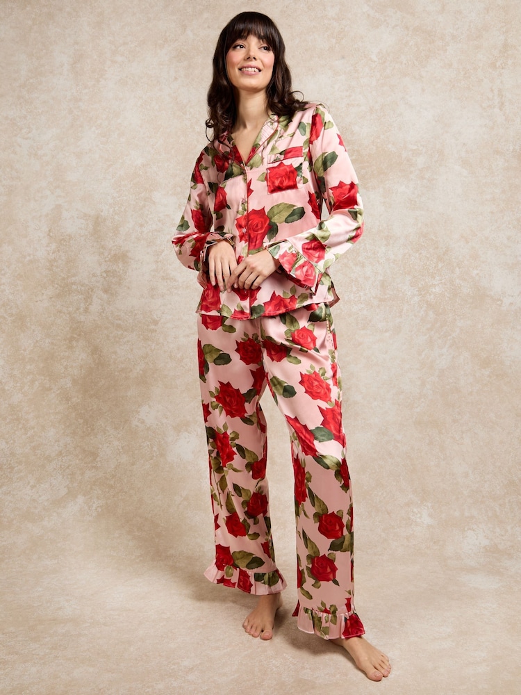 Their Nibs Pink Rose Satin Frill Long Pyjama Set - Image 1 of 7