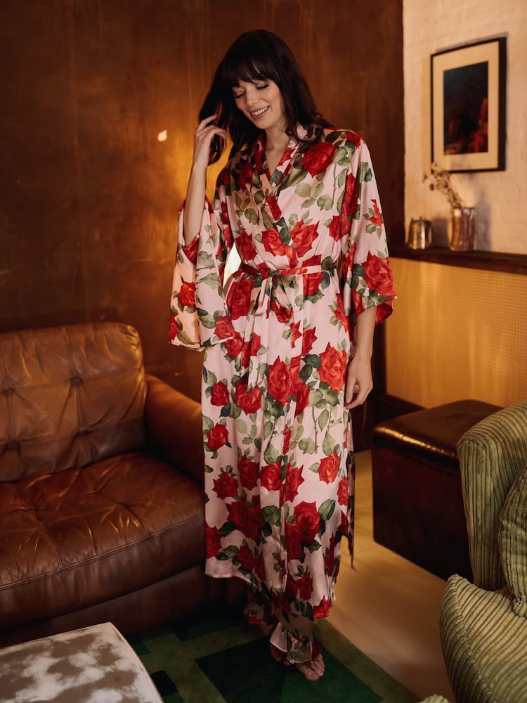 Their Nibs Pink Rose Flared Sleeve Satin Robe - Image 1 of 5