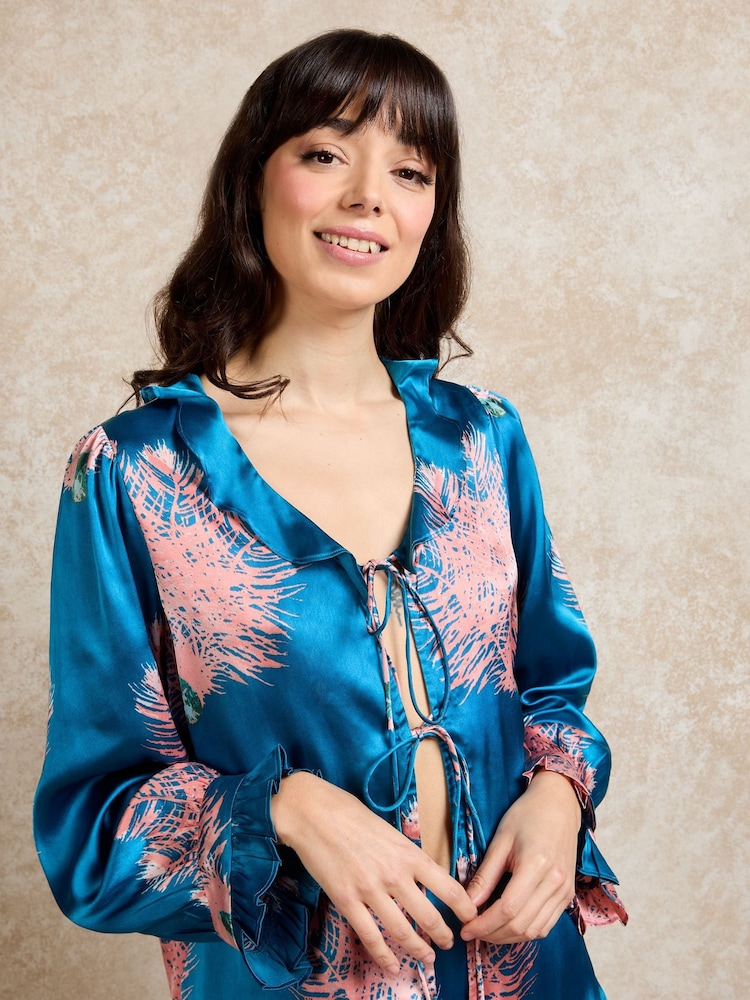 Their Nibs Blue Ostrich Fan Frill Satin Long Pyjama Set - Image 2 of 3