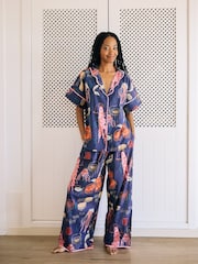 Their Nibs Navy Ocean Dreaming Oversized Cotton Long Pyjama Set - Image 1 of 5