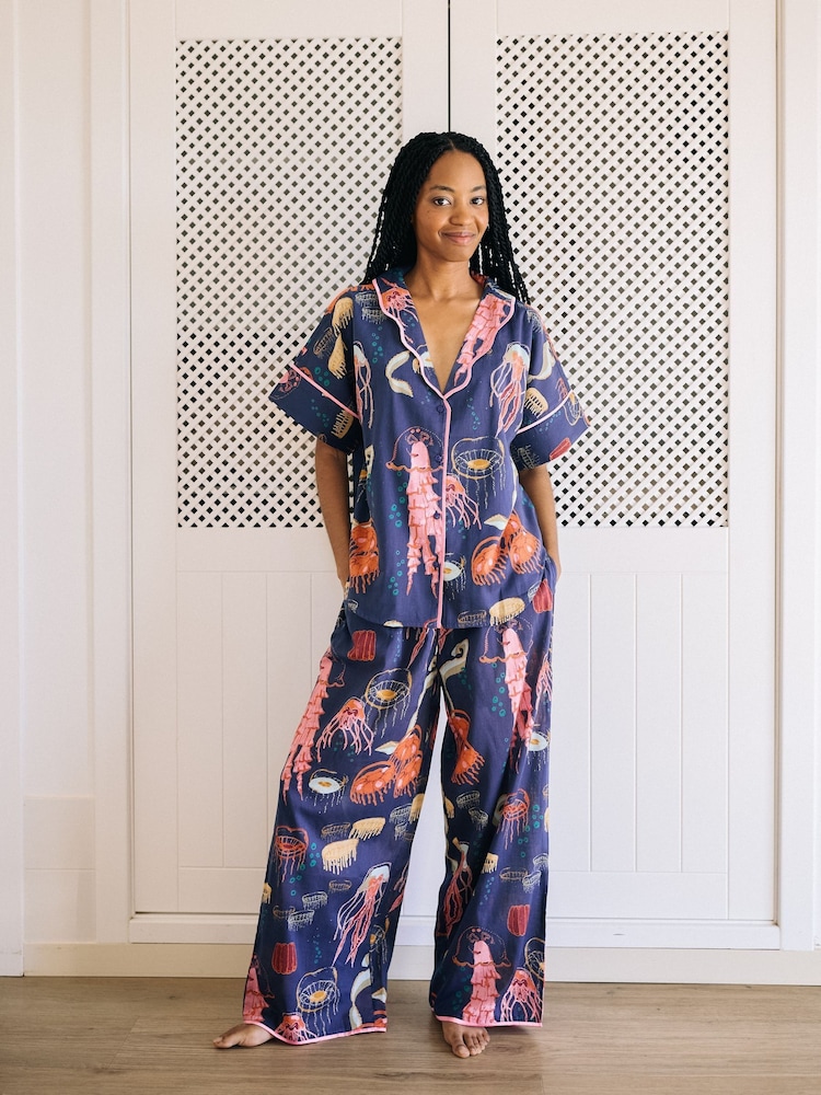 Their Nibs Navy Ocean Dreaming Oversized Cotton Long Pyjama Set - Image 1 of 5
