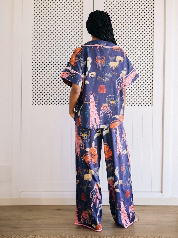 Their Nibs Navy Ocean Dreaming Oversized Cotton Long Pyjama Set - Image 2 of 5