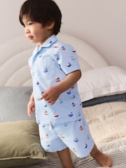 Blue Boat Print 100% Cotton Single Button Through Shorts Pyjamas Set (9mths-8yrs) - Image 1 of 8
