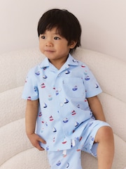 Blue Boat Print 100% Cotton Single Button Through Shorts Pyjamas Set (9mths-8yrs) - Image 2 of 8