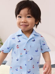 Blue Boat Print 100% Cotton Single Button Through Shorts Pyjamas Set (9mths-8yrs) - Image 4 of 8