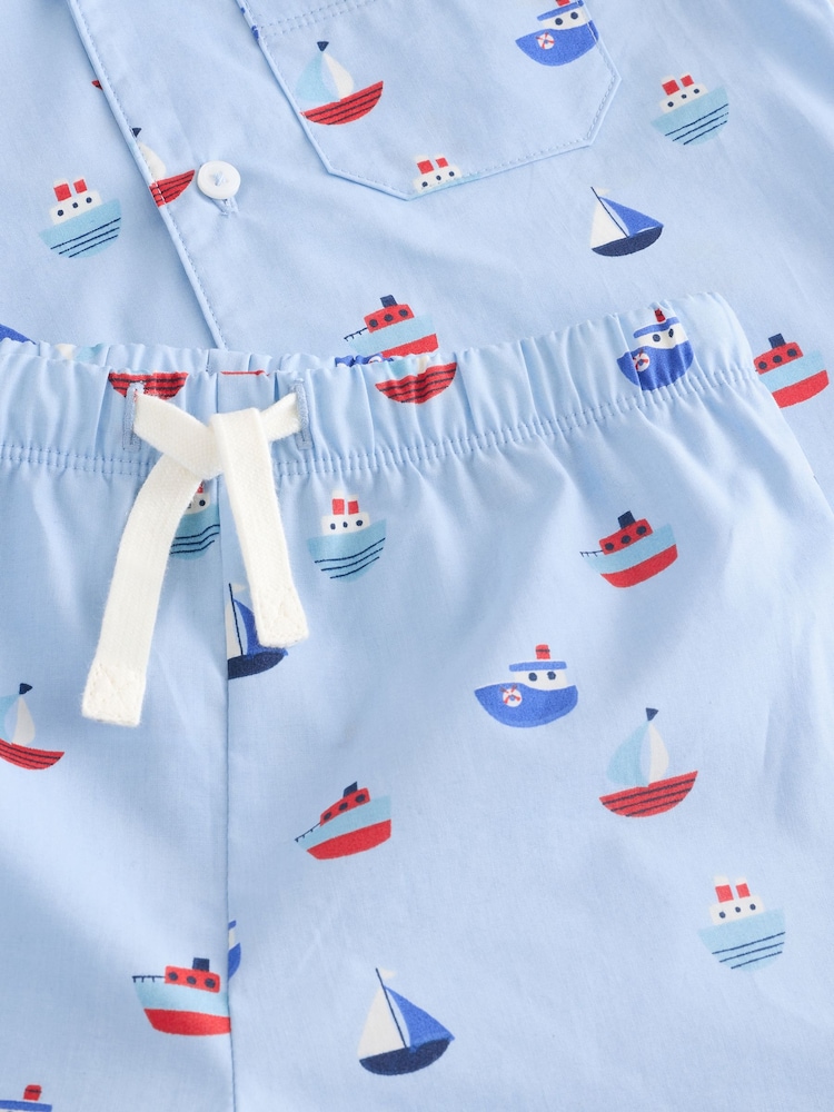 Blue Boat Print 100% Cotton Single Button Through Shorts Pyjamas Set (9mths-8yrs) - Image 8 of 8