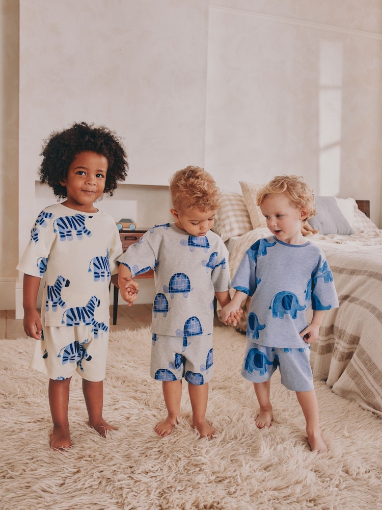 Blue/Ecru Water colour animal print Short Pyjamas 3 Pack (9mths-8yrs) - Image 1 of 8