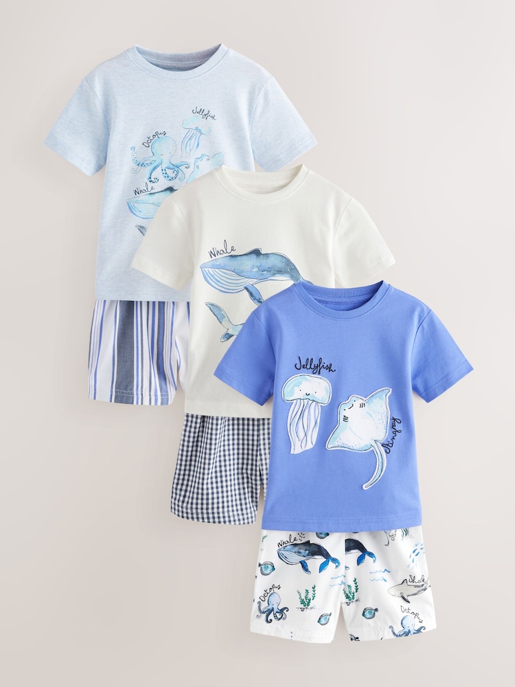 Vida marinha azul/branca - Pacote 3 de pijamas curtos (9meses a12anos) - Imagem 1 de 5